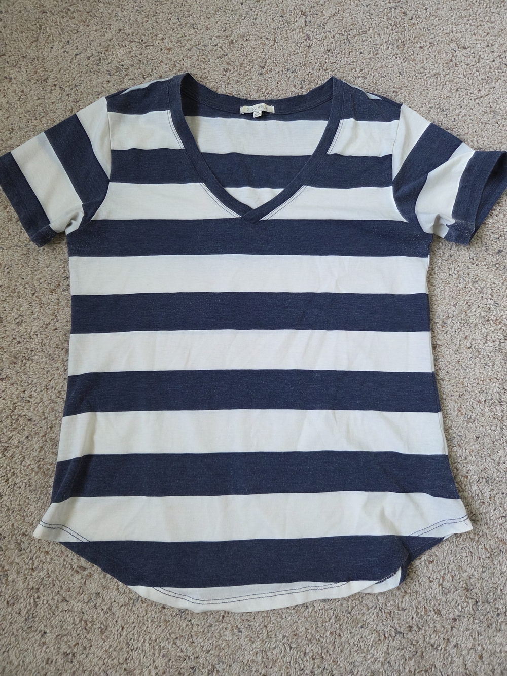 Z Supply Navy and White Striped V-Neck Tee
